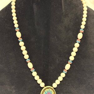 Vintage White Blue Floral Chunky Bead Necklace Japan Estate Elegant Fashion